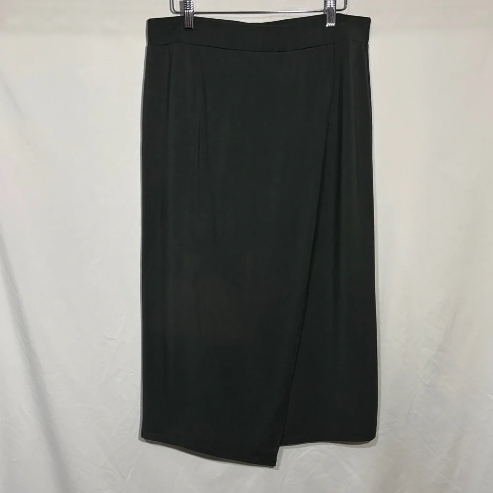 Vince Dark Olive Green Asymmetrical Pull On Faux Wrap Midi Skirt Size M